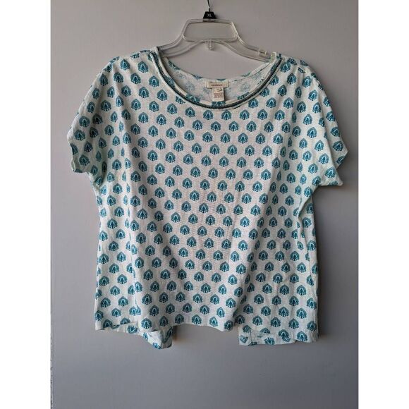 Sundance Women's White & Green Tree Print Slit Back Short-Sleeve Shirt Size M - Picture 1 of 4